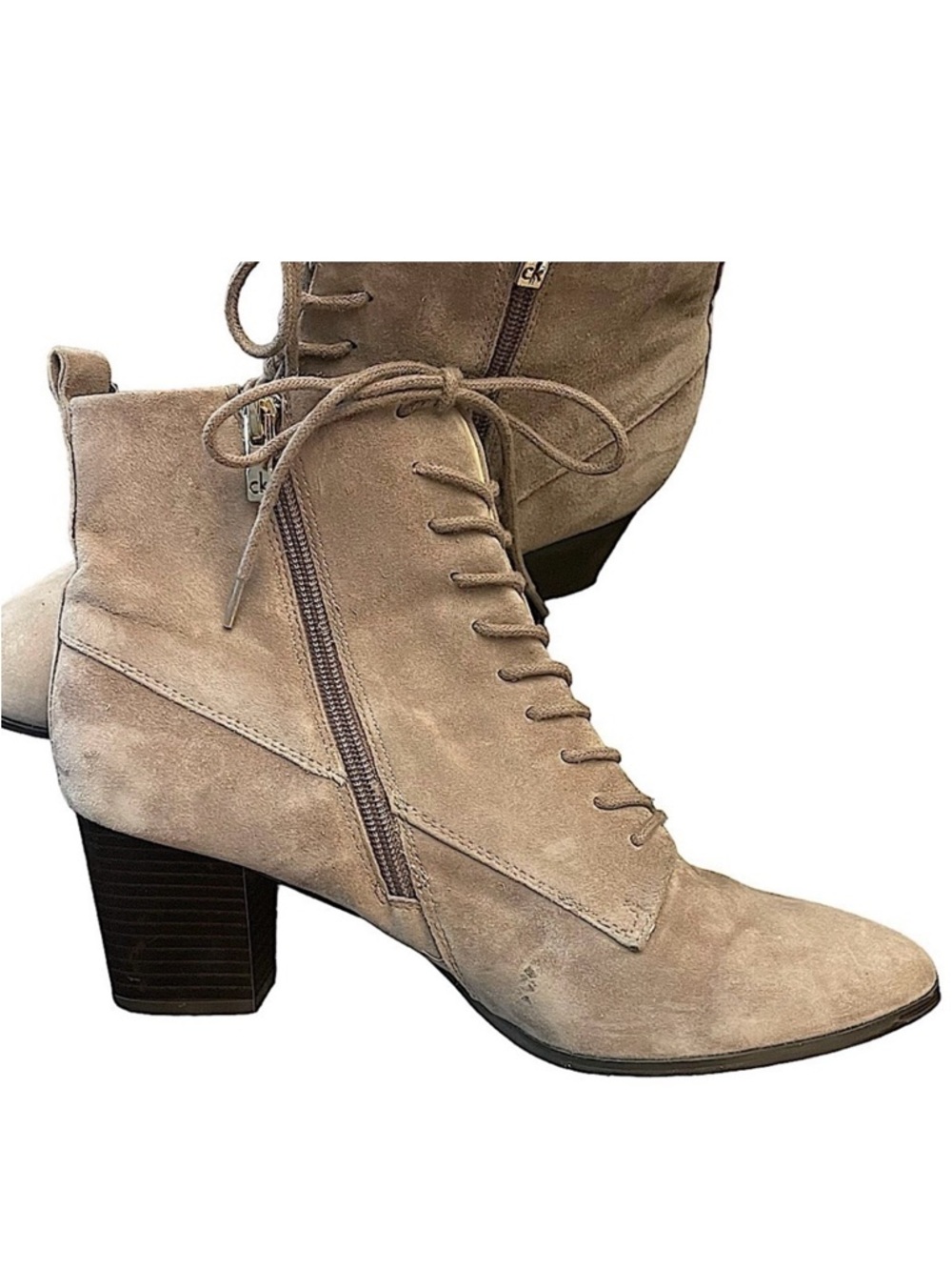 Calvin Klein Taupe Greige Suede Kylene Lace Up Zip Granny Boots Cottagecore 10